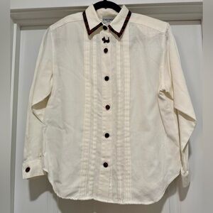 Vintage Button Down Cream Shirt with Plaid Detail & Scottie Dog Embroidery 8P